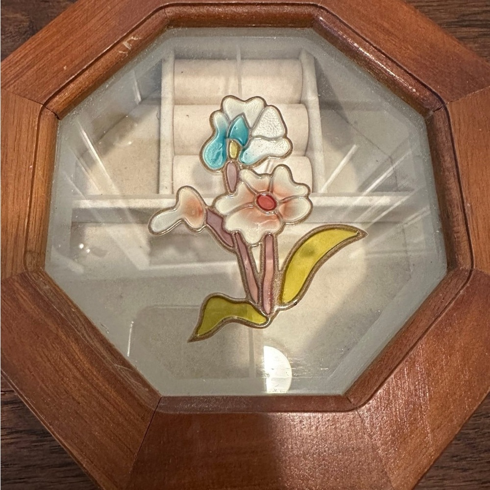 Wooden Octagonal Jewelry Box with Floral Design